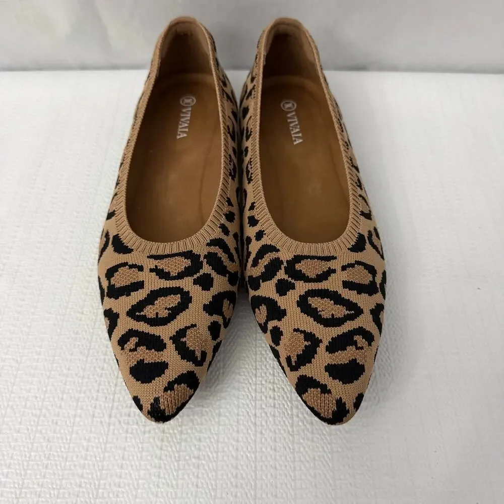 Vivaia Aria Pointed Toe Ballet Flats Women’s Size 8 Dark Leopard Brown Knit 39